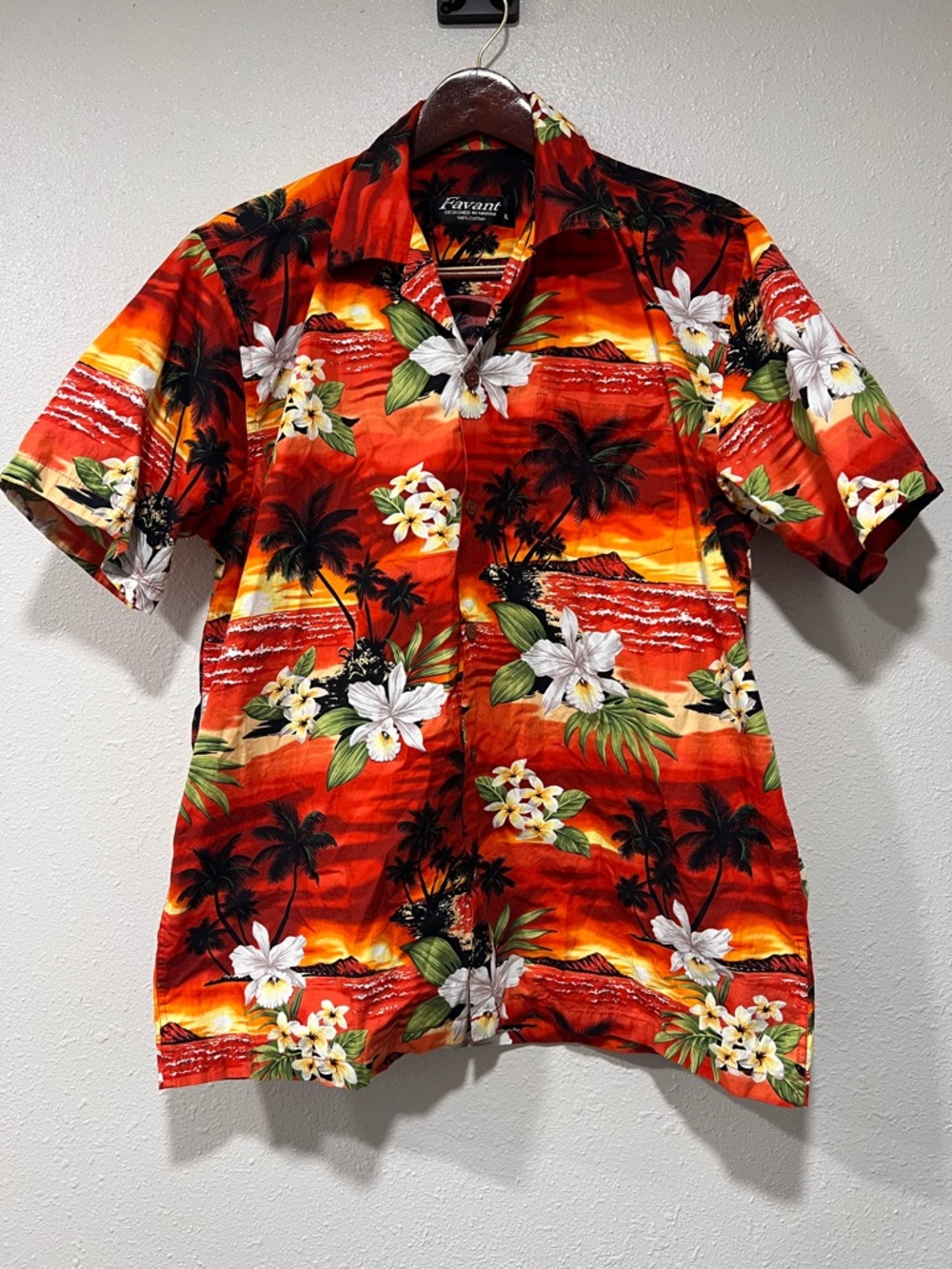 Favant Hawaiian Shirt Men’s Large Red Orange Sunset Tropical Flower Palm Tree
